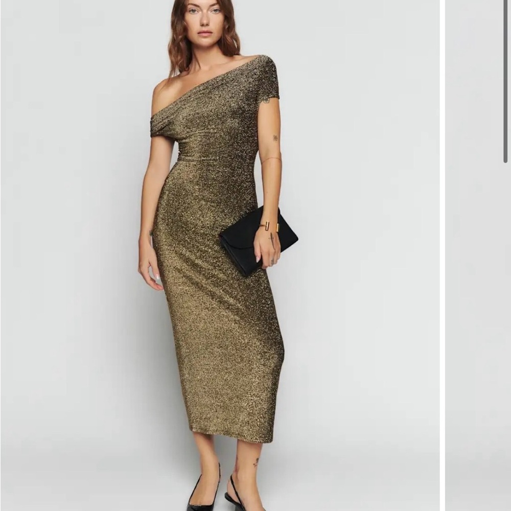 Reformation Gold / Black Off-Shoulder Dress
